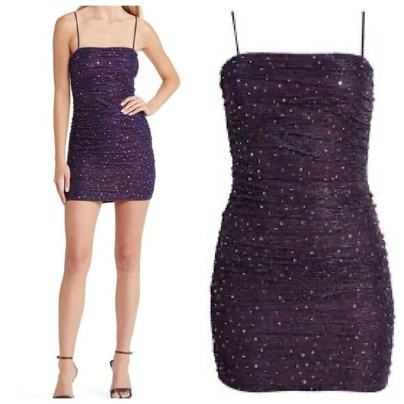 Lulus Flirty Vibes Sparkly Ruched Bodycon Mini Dress Medium in Purple - Picture 1 of 10